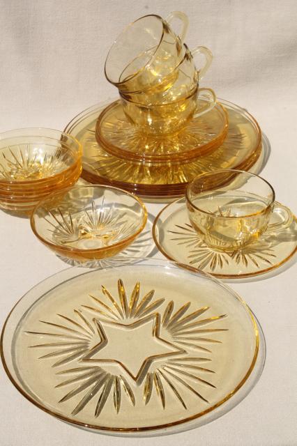 photo of vintage Federal glass star pattern dishes, yellow amber glass dinner plates, cups & saucers, bowls #2