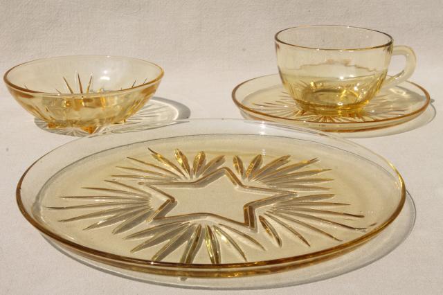 photo of vintage Federal glass star pattern dishes, yellow amber glass dinner plates, cups & saucers, bowls #3