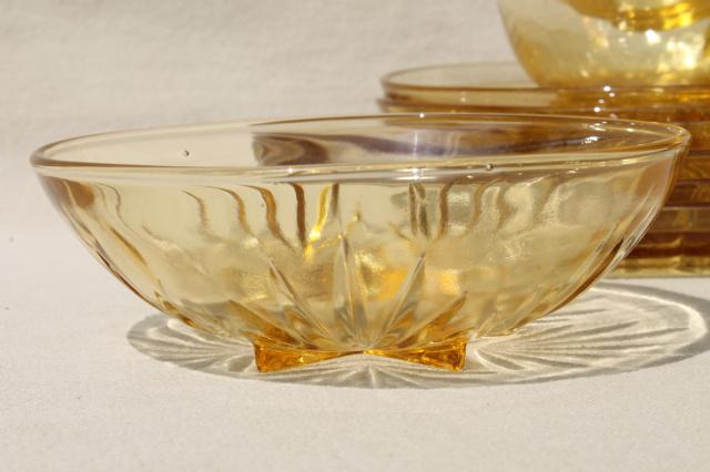 photo of vintage Federal glass star pattern dishes, yellow amber glass dinner plates, cups & saucers, bowls #5