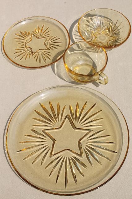 photo of vintage Federal glass star pattern dishes, yellow amber glass dinner plates, cups & saucers, bowls #6