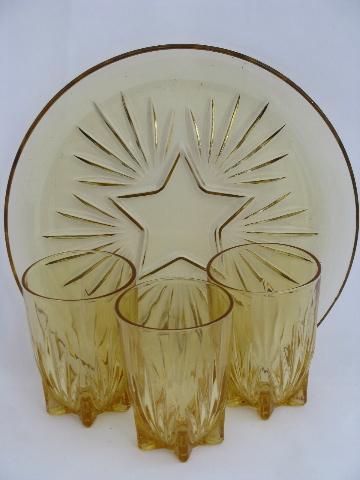 photo of vintage Federal glass, yellow depression star pattern tumbler glasses & plate #1