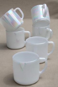 catalog photo of vintage Federal heat proof milk glass coffee mugs, moonglow opalescent luster set six cups