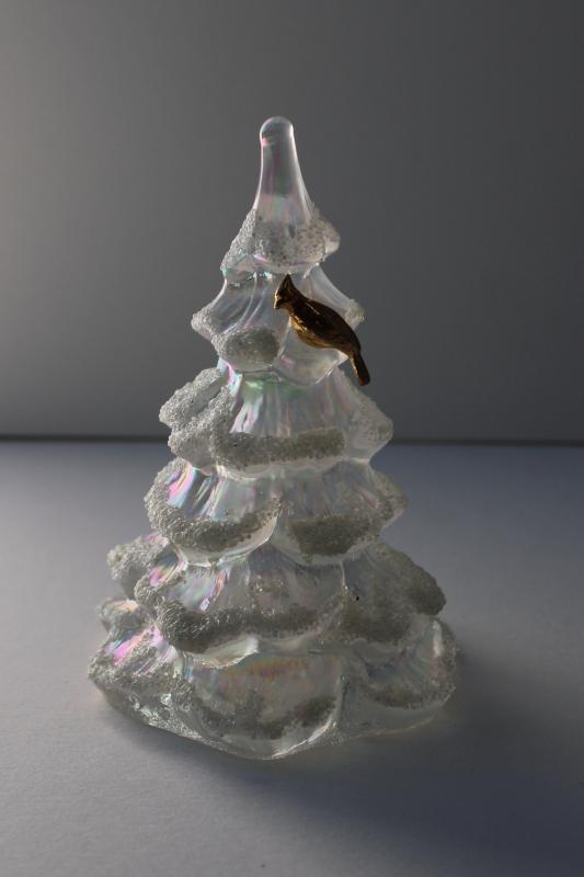 photo of vintage Fenton Christmas tree w/ flocked snow, opalescent luster glass w/ gold bird #1