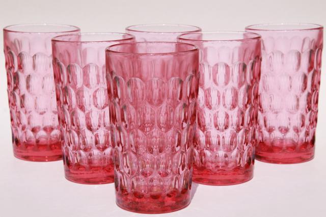 photo of vintage Fenton Colonial pink thumbprint pattern glass, set of 6 large flat tumblers #2