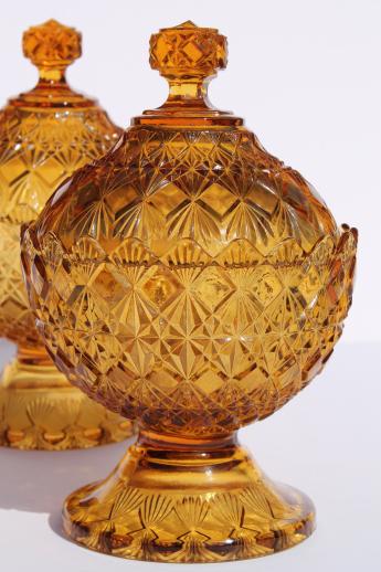 photo of vintage Fenton Olde Virginia diamond fan amber glass compote bowls or candy boxes #2