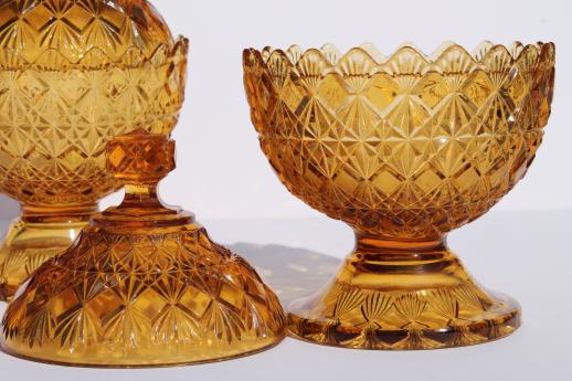 photo of vintage Fenton Olde Virginia diamond fan amber glass compote bowls or candy boxes #3