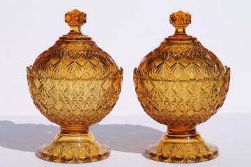 catalog photo of vintage Fenton Olde Virginia diamond fan amber glass compote bowls or candy boxes