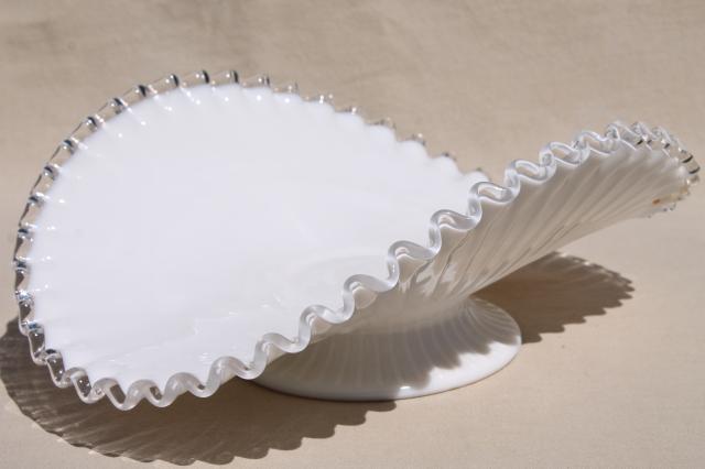 photo of vintage Fenton Silver Crest clear edge milk glass, large banana stand fruit bowl #1