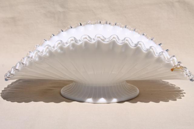 photo of vintage Fenton Silver Crest clear edge milk glass, large banana stand fruit bowl #4