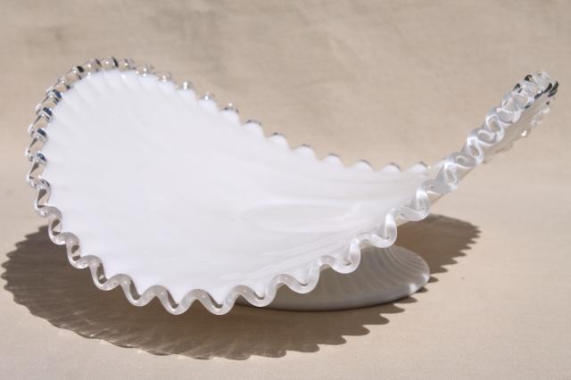 photo of vintage Fenton Silver Crest clear edge milk glass, large banana stand fruit bowl #5