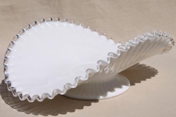 catalog photo of vintage Fenton Silver Crest clear edge milk glass, large banana stand fruit bowl