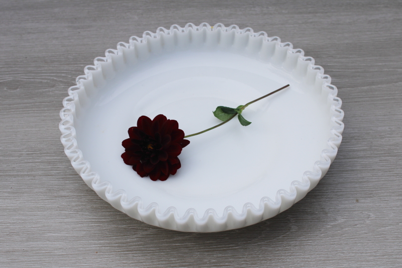 photo of vintage Fenton Silver Crest milk glass, big flower bowl clear crimped edge on white glass #1