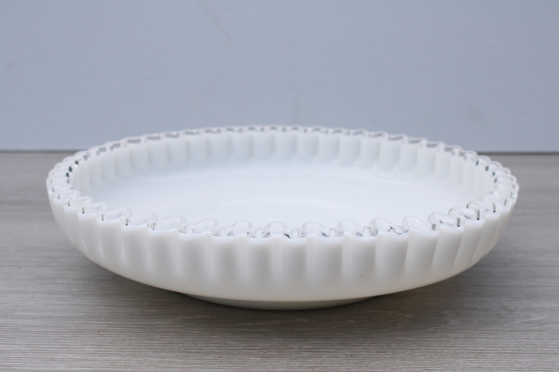 photo of vintage Fenton Silver Crest milk glass, big flower bowl clear crimped edge on white glass #4