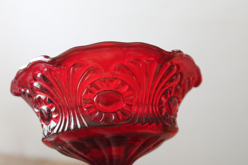 photo of vintage Fenton Tokyo red glass candy dish, crimped bowl small compote  #2