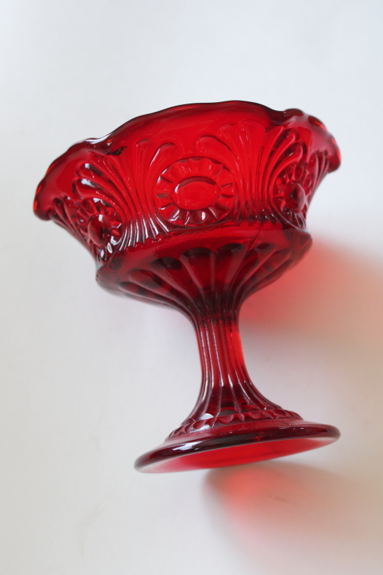 photo of vintage Fenton Tokyo red glass candy dish, crimped bowl small compote  #3