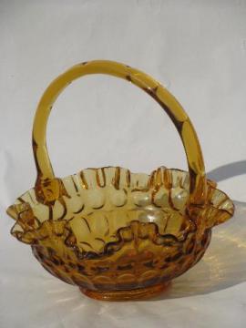 catalog photo of vintage Fenton amber glass thumbprint bride's basket, Old Virginia