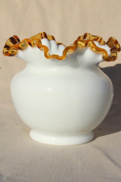 photo of vintage Fenton amber gold crest milk glass rose bowl vase #1