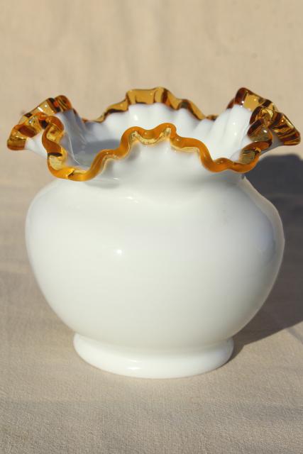 photo of vintage Fenton amber gold crest milk glass rose bowl vase #2