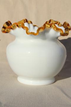 catalog photo of vintage Fenton amber gold crest milk glass rose bowl vase