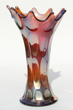 catalog photo of vintage Fenton amethyst carnival glass vase, long thumbprint swung shape art glass
