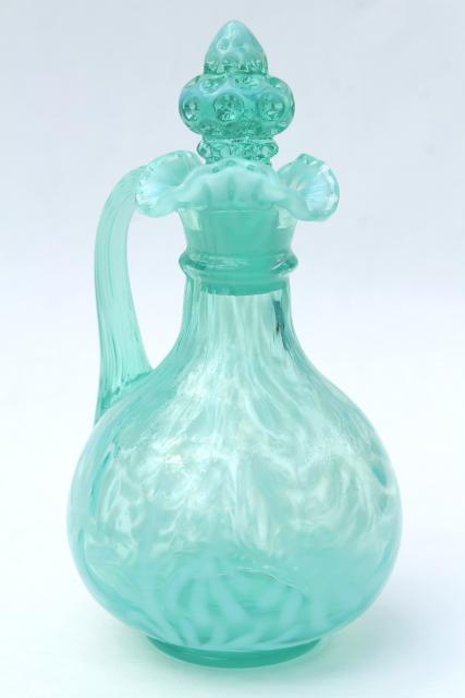 photo of vintage Fenton aqua blue opalescent daisy & fern cruet w/ coin spot stopper #1