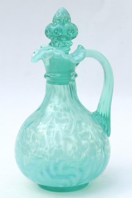 photo of vintage Fenton aqua blue opalescent daisy & fern cruet w/ coin spot stopper #4