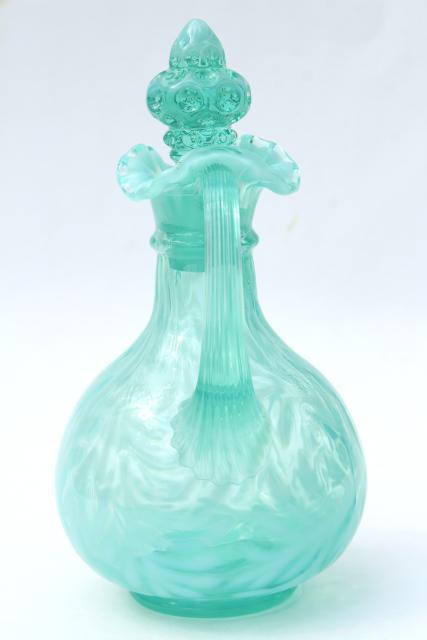 photo of vintage Fenton aqua blue opalescent daisy & fern cruet w/ coin spot stopper #5