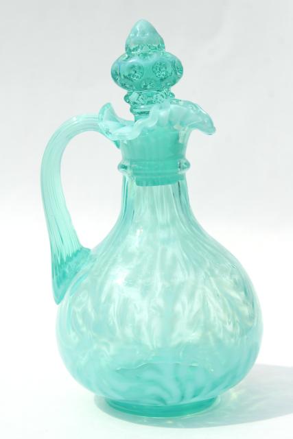 photo of vintage Fenton aqua blue opalescent daisy & fern cruet w/ coin spot stopper #6