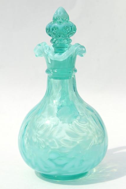 photo of vintage Fenton aqua blue opalescent daisy & fern cruet w/ coin spot stopper #7