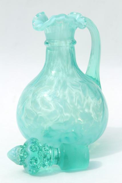 photo of vintage Fenton aqua blue opalescent daisy & fern cruet w/ coin spot stopper #8