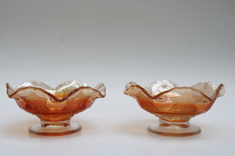 photo of vintage Fenton beaded star marigold carnival glass, pair of candle holders or compote candy dishes #1