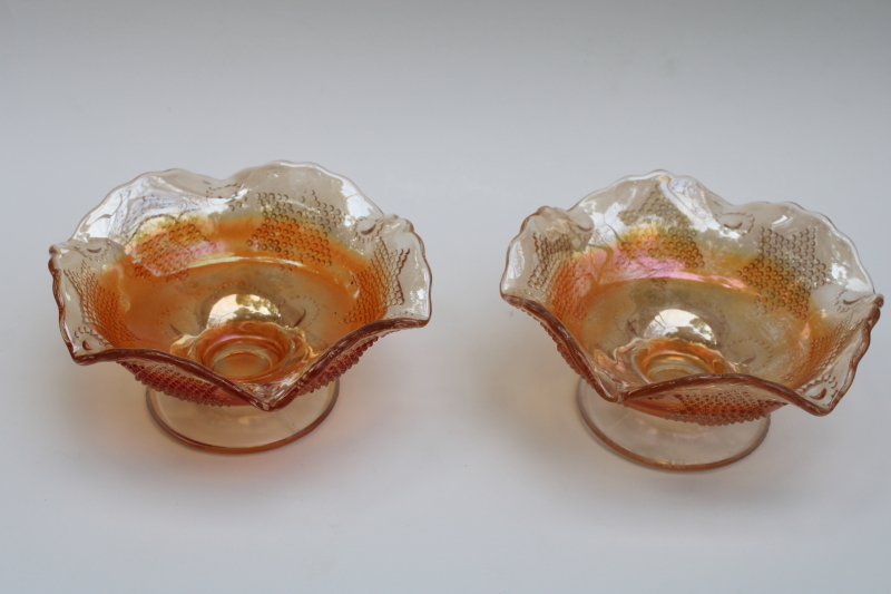 photo of vintage Fenton beaded star marigold carnival glass, pair of candle holders or compote candy dishes #2