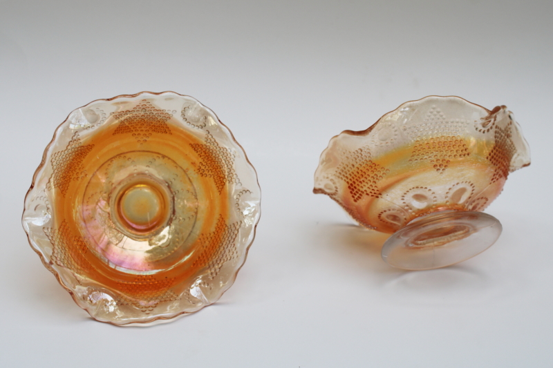 photo of vintage Fenton beaded star marigold carnival glass, pair of candle holders or compote candy dishes #3