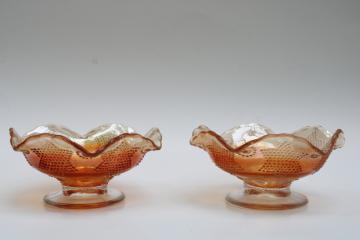 catalog photo of vintage Fenton beaded star marigold carnival glass, pair of candle holders or compote candy dishes 