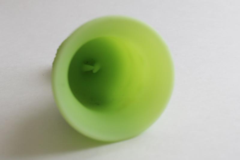 photo of vintage Fenton bell, lime green satin frosted glass daisy & button pattern #2