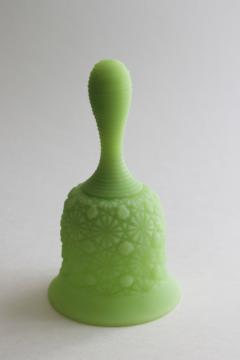 catalog photo of vintage Fenton bell, lime green satin frosted glass daisy & button pattern