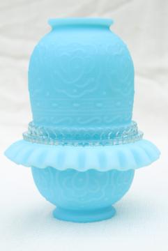 catalog photo of vintage Fenton blue custard satin frosted glass fairy light candle lamp, Persian Medallion