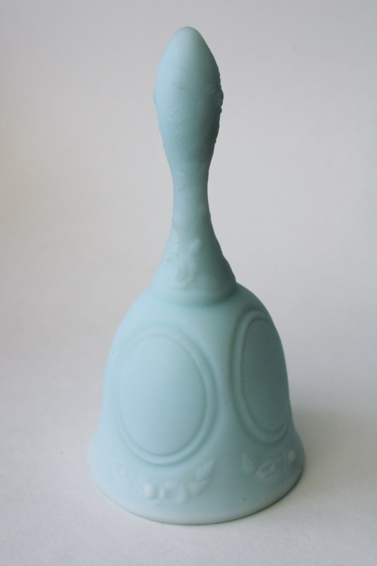 photo of vintage Fenton blue mist frosted satin glass table bell, medallion pattern #1