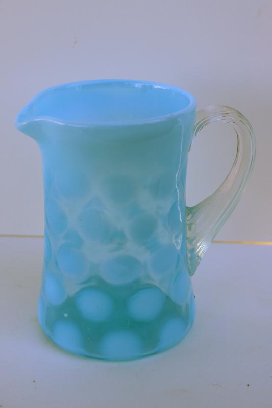 photo of vintage Fenton blue opalescent coin dot spot pattern glass pitcher or creamer #1