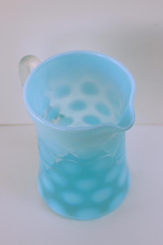 photo of vintage Fenton blue opalescent coin dot spot pattern glass pitcher or creamer #3