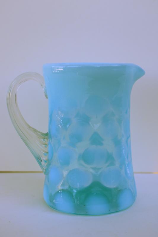 photo of vintage Fenton blue opalescent coin dot spot pattern glass pitcher or creamer #4