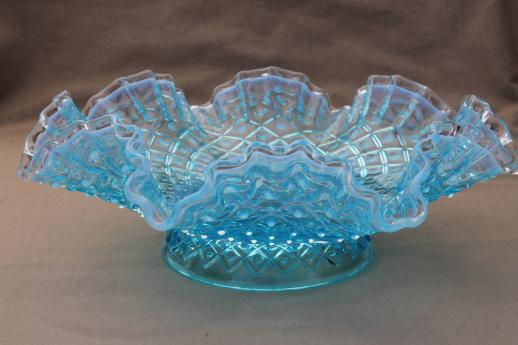 photo of vintage Fenton blue opalescent glass epergne bowl for flowers, diamond lace pattern  #1