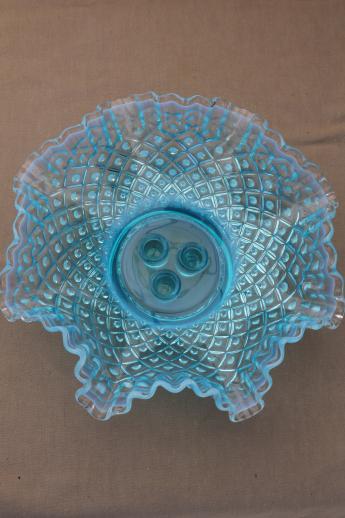 photo of vintage Fenton blue opalescent glass epergne bowl for flowers, diamond lace pattern  #2