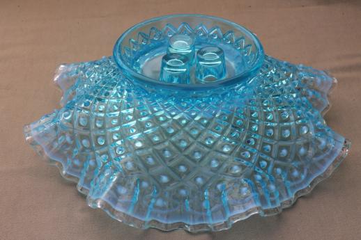 photo of vintage Fenton blue opalescent glass epergne bowl for flowers, diamond lace pattern  #6