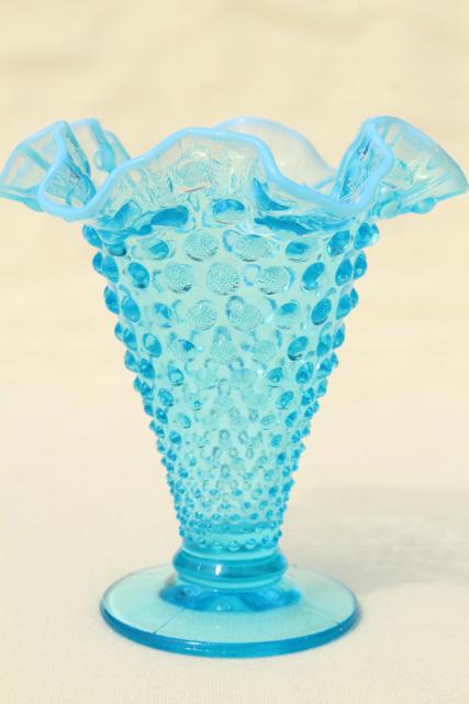 photo of vintage Fenton blue opalescent glass, hobnail pattern crimped glass #1