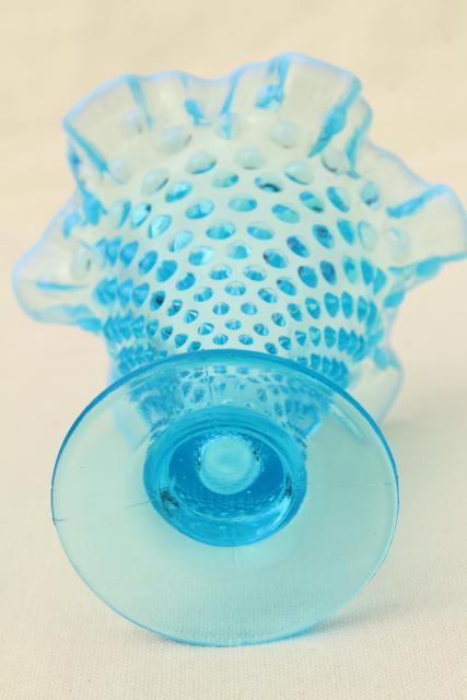 photo of vintage Fenton blue opalescent glass, hobnail pattern crimped glass #5