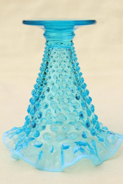 photo of vintage Fenton blue opalescent glass, hobnail pattern crimped glass #6