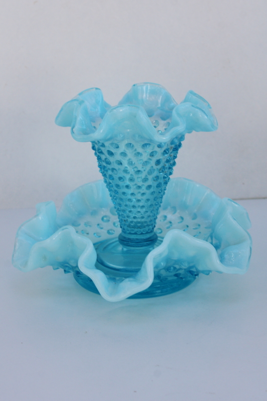 photo of vintage Fenton blue opalescent hobnail glass crimped vase & bowl like a mini epergne #1