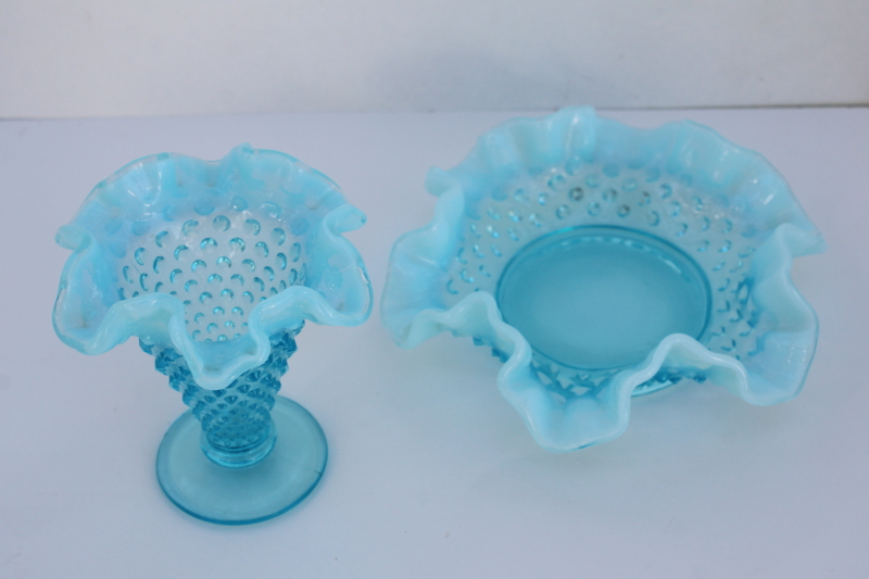 photo of vintage Fenton blue opalescent hobnail glass crimped vase & bowl like a mini epergne #2