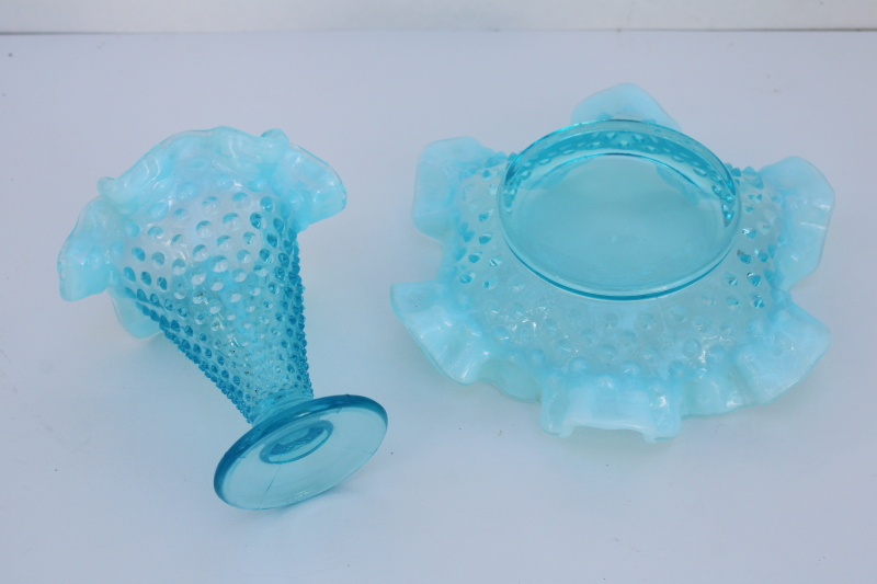 photo of vintage Fenton blue opalescent hobnail glass crimped vase & bowl like a mini epergne #3